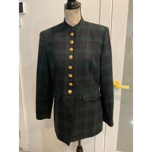 Vtg Talbots Women’s Wool Navy Green Tartan gold buttons military-style blazer 6 - Picture 4 of 16